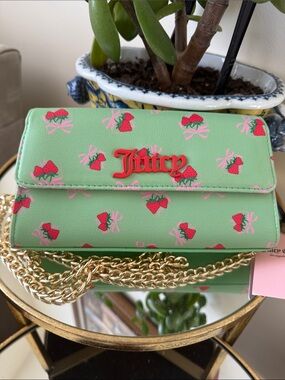 Juicy Couture Mint Green Strawberry Print Mini Crossbody Bag Clutch Gold Chain